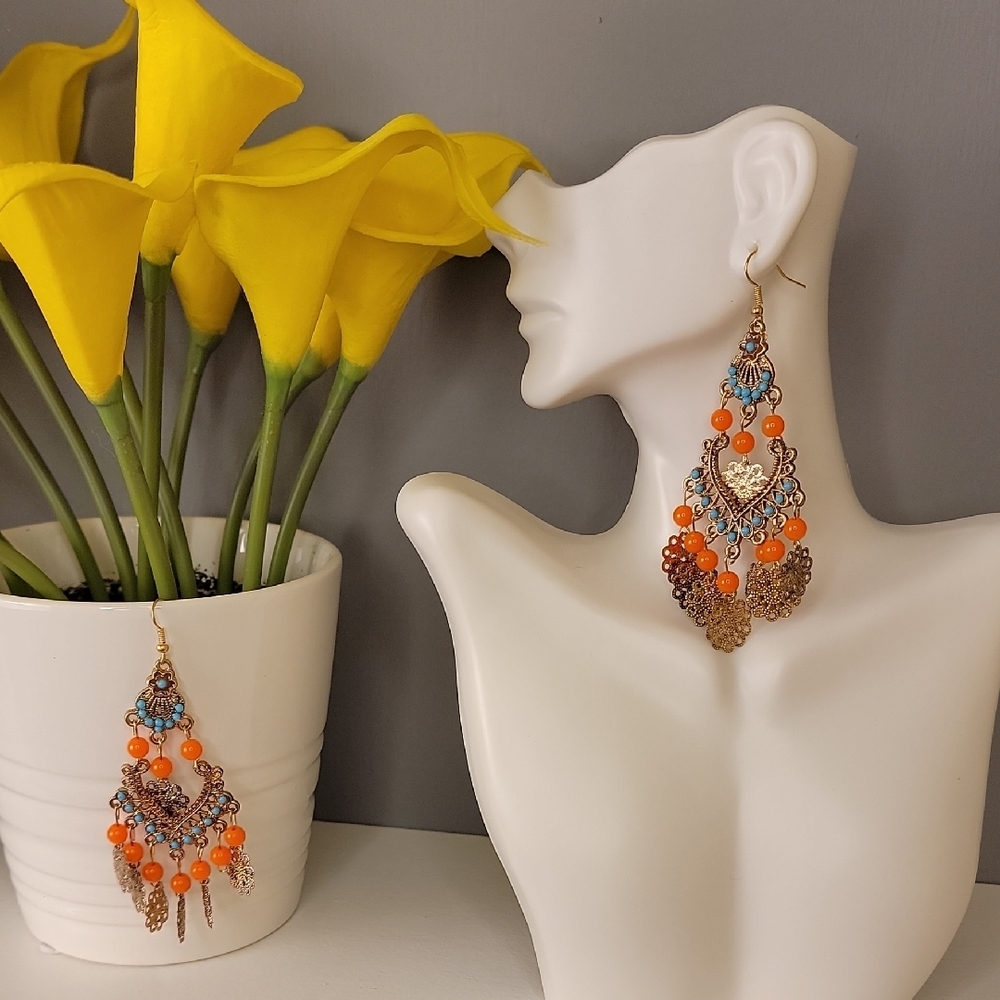Boho Orange Blue Gold Chandelier Earrings Bohemian